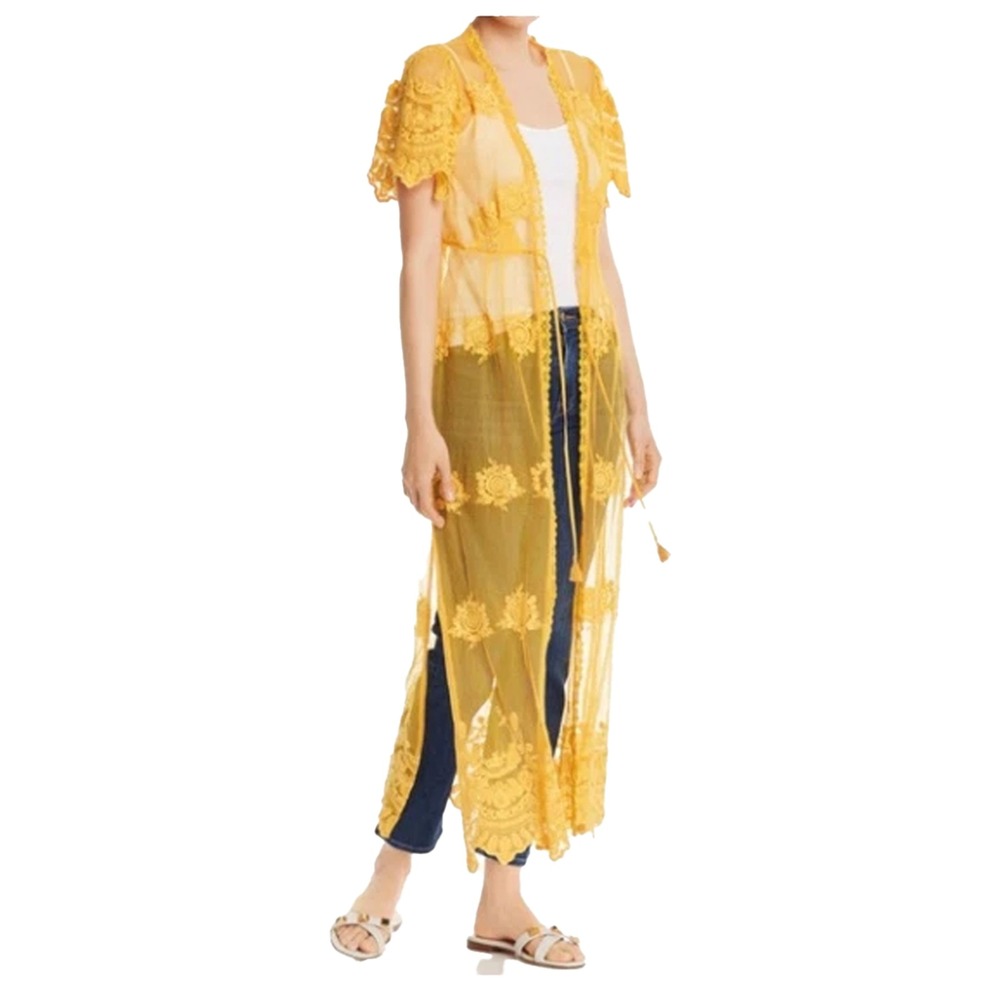 Aqua Sheer Lace Maxi Cardigan Boho Whimsigoth Coquette Festival Yellow Women M